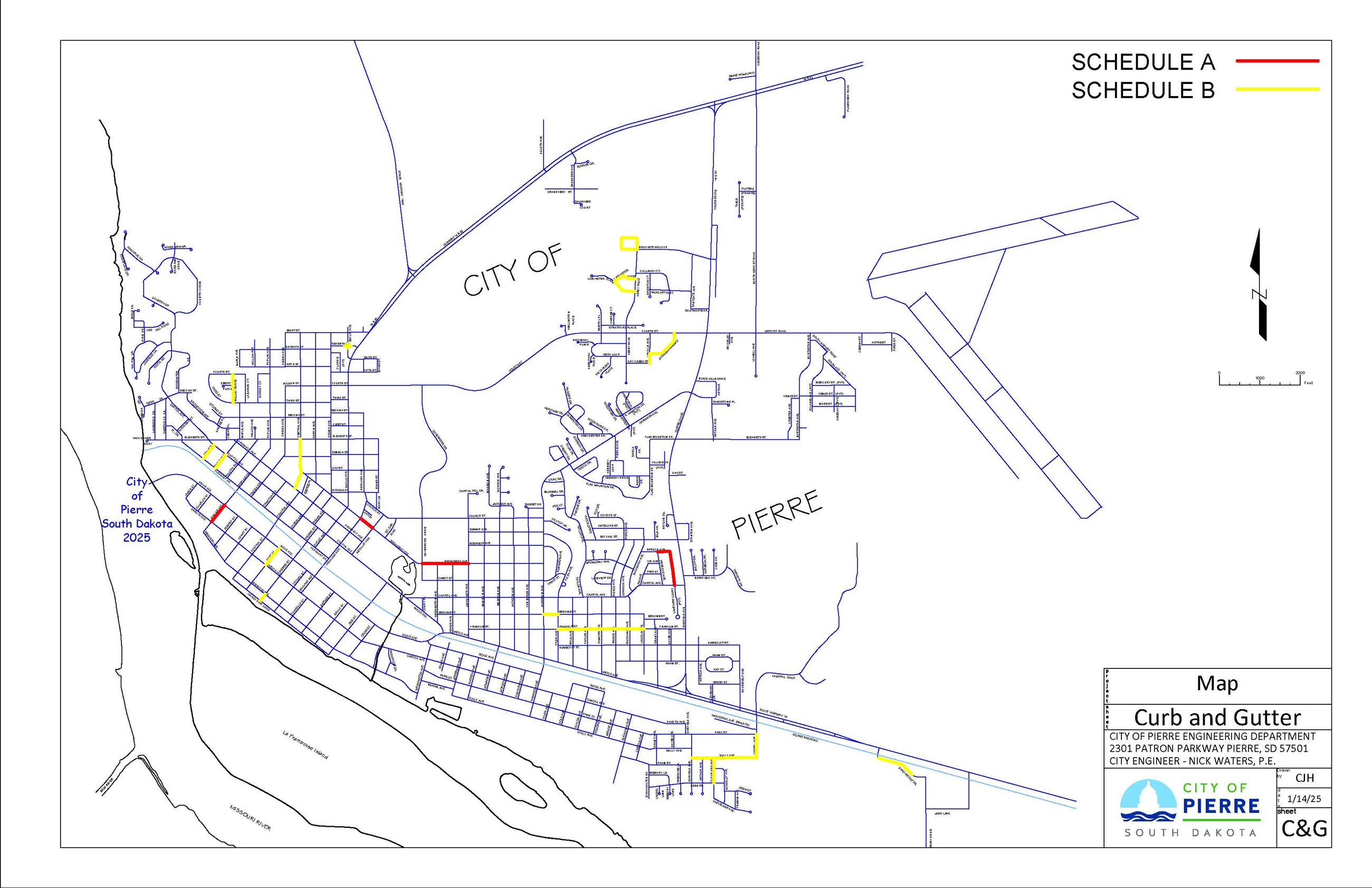 Map of proposed curb and gutter construction projects for 2025 construction season.
