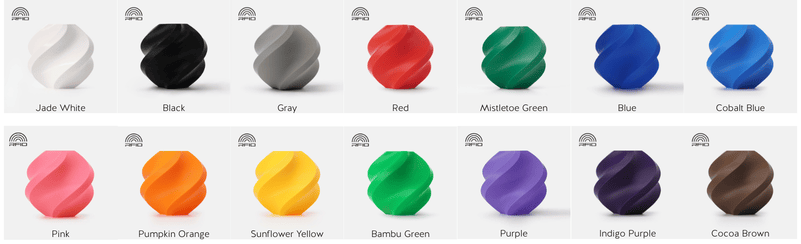 Filament Colors. Jade White, Black, Gray, Red, Orange, Yellow, Green, Blue, Purple, Black